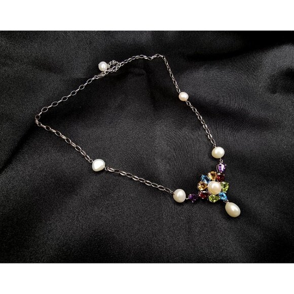 Ross-Simons 925 Sterling Silver Necklace W/ Cultured Pearls & Multicolor Gemston - Picture 5 of 5
